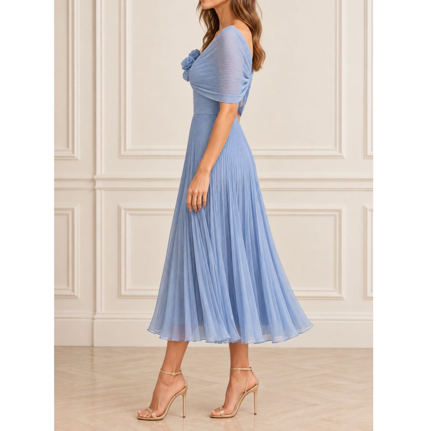 Gemy Maalouf Asymmetrical Draped Panel Evening Gown Dress Plisse Pleated Blue 12 — image 2 of 8